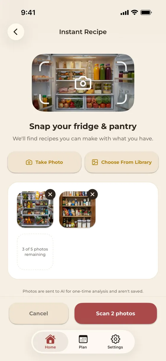 noBrainer Instant Cooking — snap your fridge to surface recipes from what's on hand