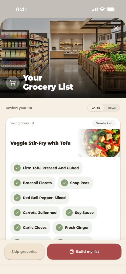 Auto-built grocery list, sorted by aisle, ready to check off