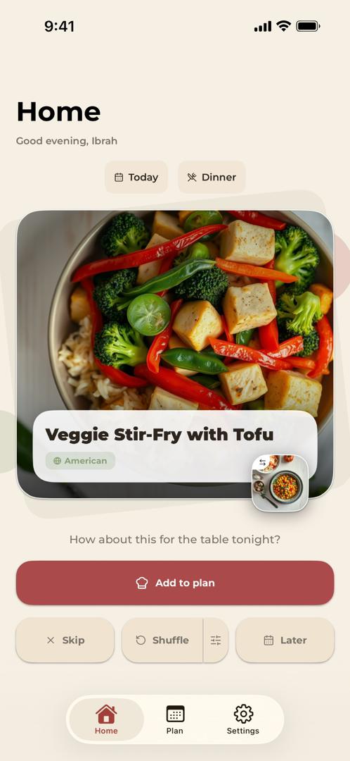 noBrainer home screen with today's dinner suggestion