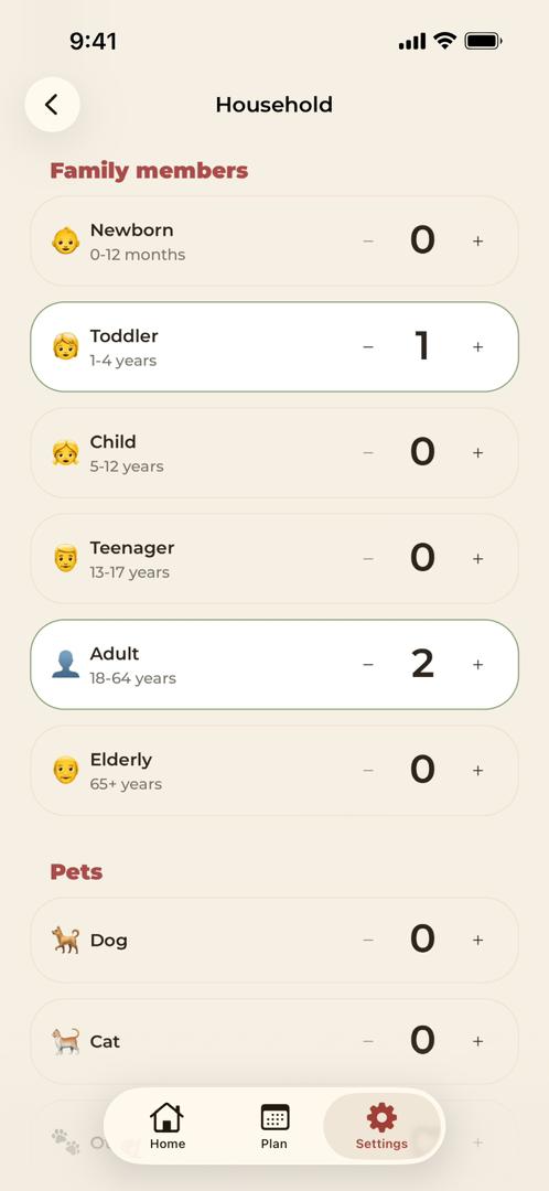 Family household setup with kids' ages and dietary preferences